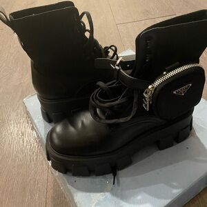 Prada Black Leather Combat Boots with Detachable Zip Pouch